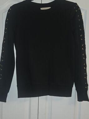 Michael Kors Black Crewneck Sweater with Gold Eyelet Lace-Up Sleeves